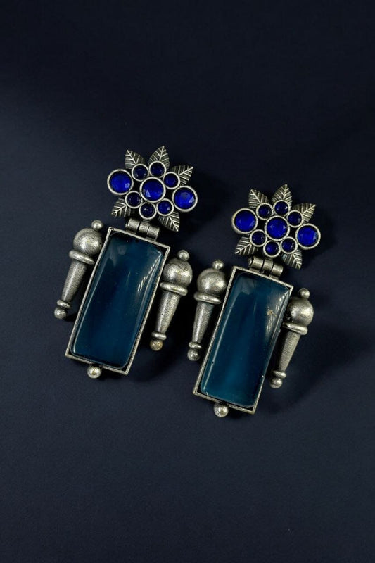 Maabetii Navy Blue Silver Monalisa Stone Stud Earrings