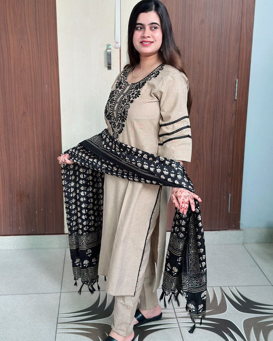 Maabetii Off White Cotton Embroidery Straight Fit Suit Set