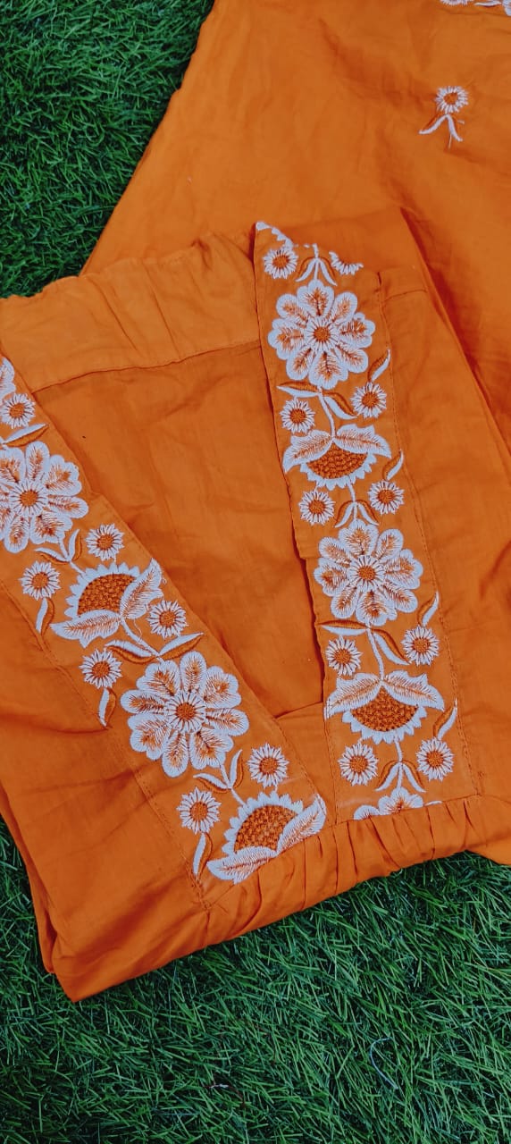 Maabetii Orange Pure Cotton Embroidery Work Suit Set