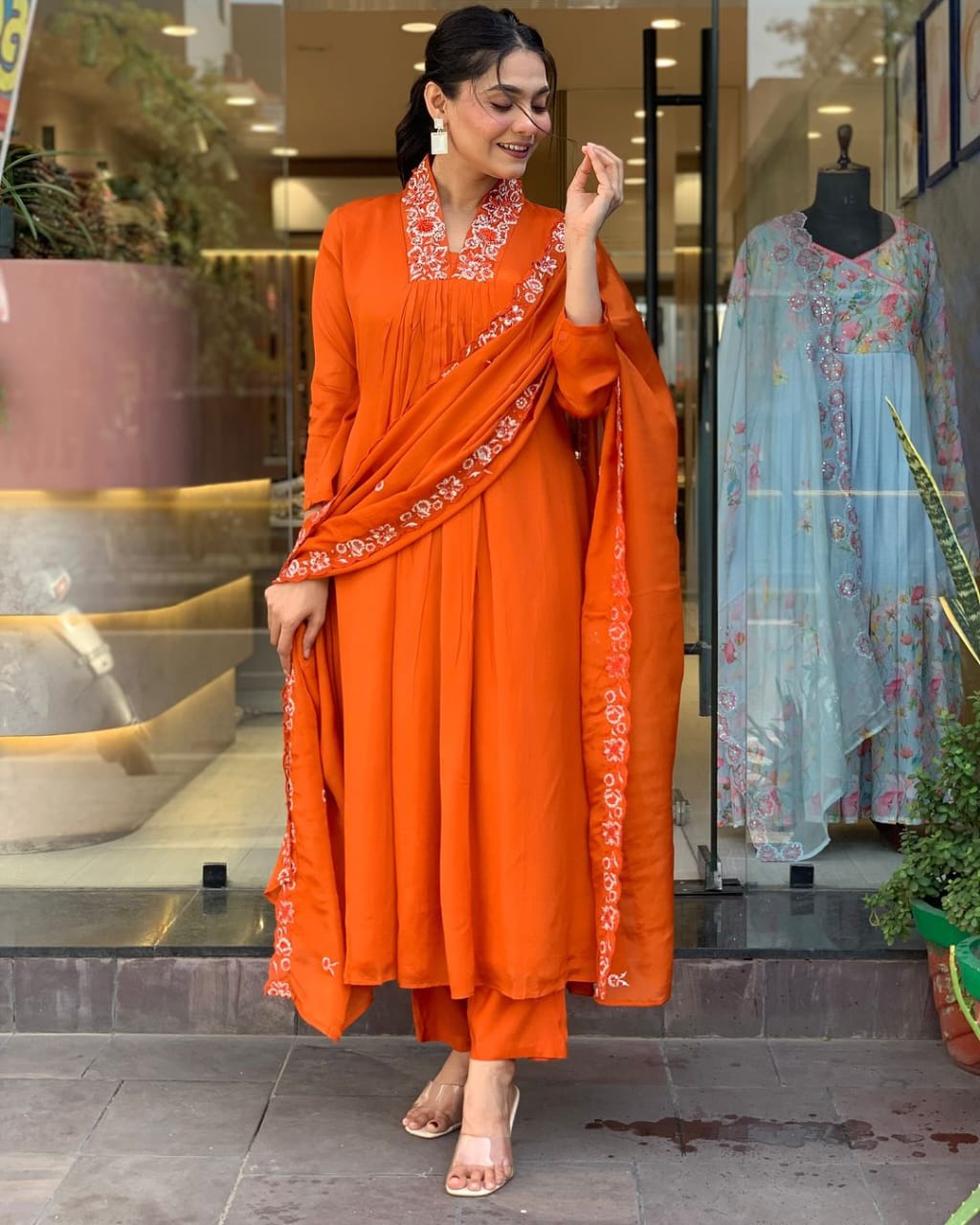 Maabetii Orange Pure Cotton Embroidery Work Suit Set