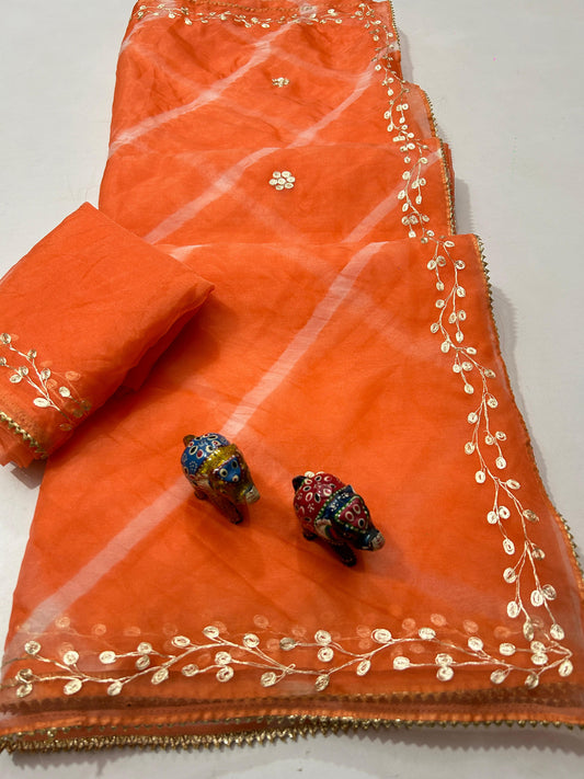 Maabetii Orange Pure Organza Gota Patti Hand Work Saree