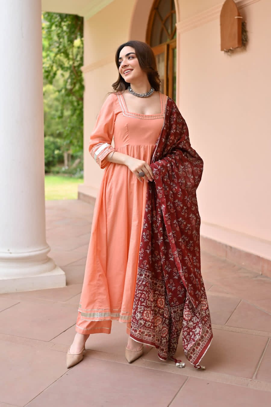 Maabetii Peach Rayon Gotta Lace Anarkali Suit Set