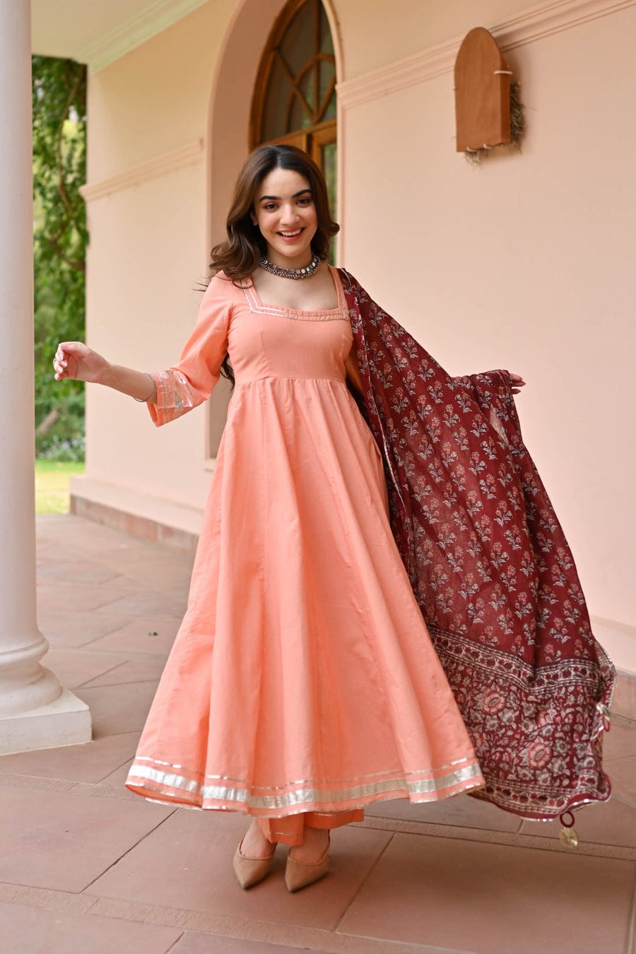 Maabetii Peach Rayon Gotta Lace Anarkali Suit Set