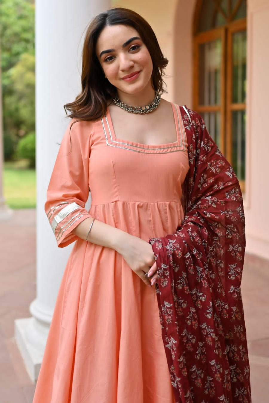 Maabetii Peach Rayon Gotta Lace Anarkali Suit Set