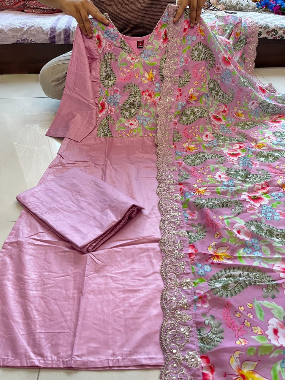 Maabetii Pink Chanderi Embroidery and Sequence Suit Set