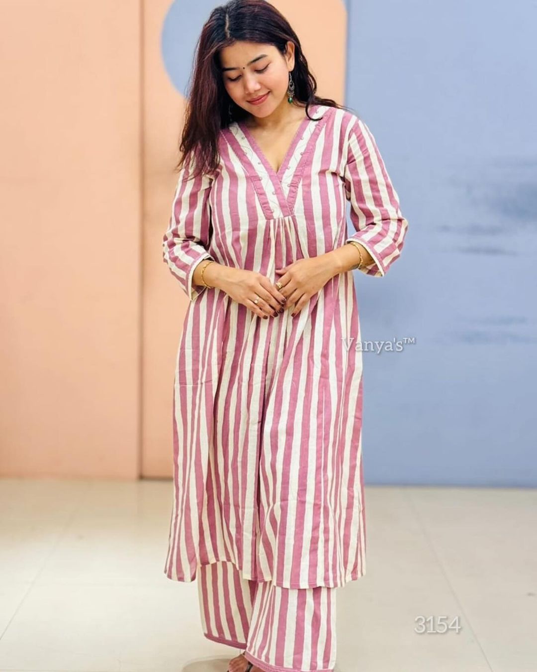 Maabetii Pink Vertical Lining Printed Cotton Embroidery Co-ord Set