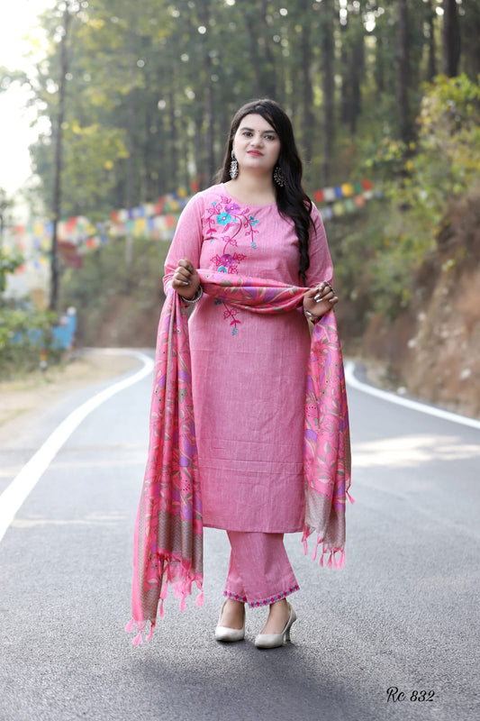 Maabetii Pink Cotton Handloom Embroidery Work Suit Set