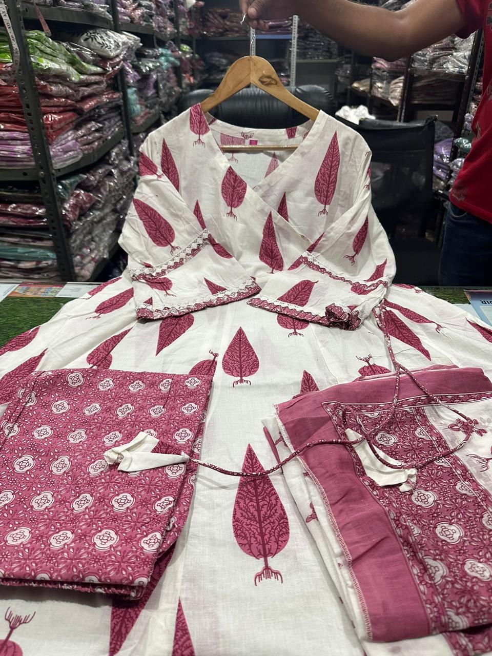 Maabetii Pink Cotton Sanganeri Print and Lace Work Anarkali Suit Set