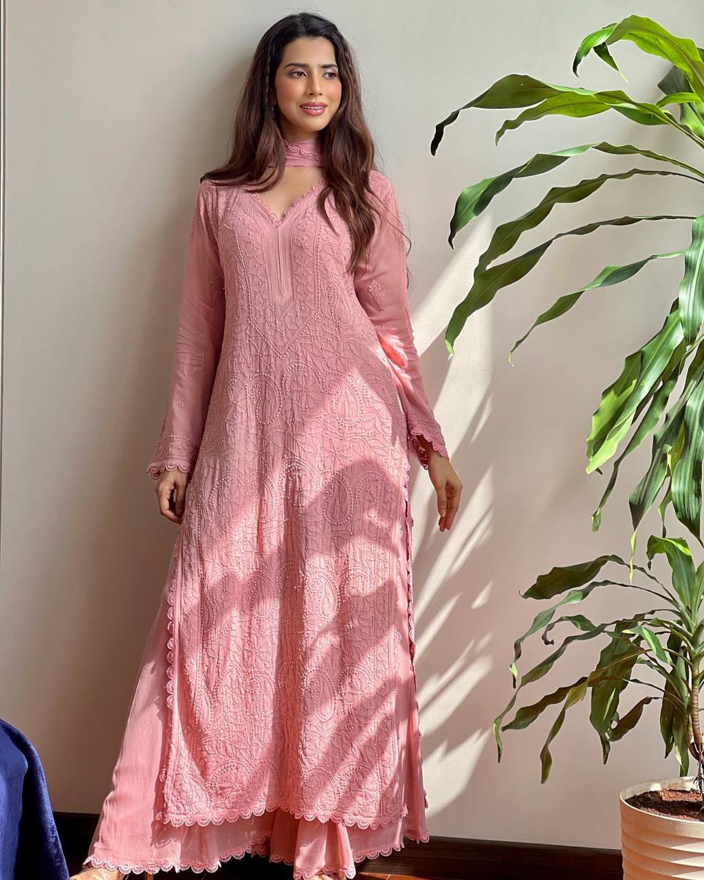 Maabetii Pink Georgette Mirror and Lace Handwork Straight Suit Set