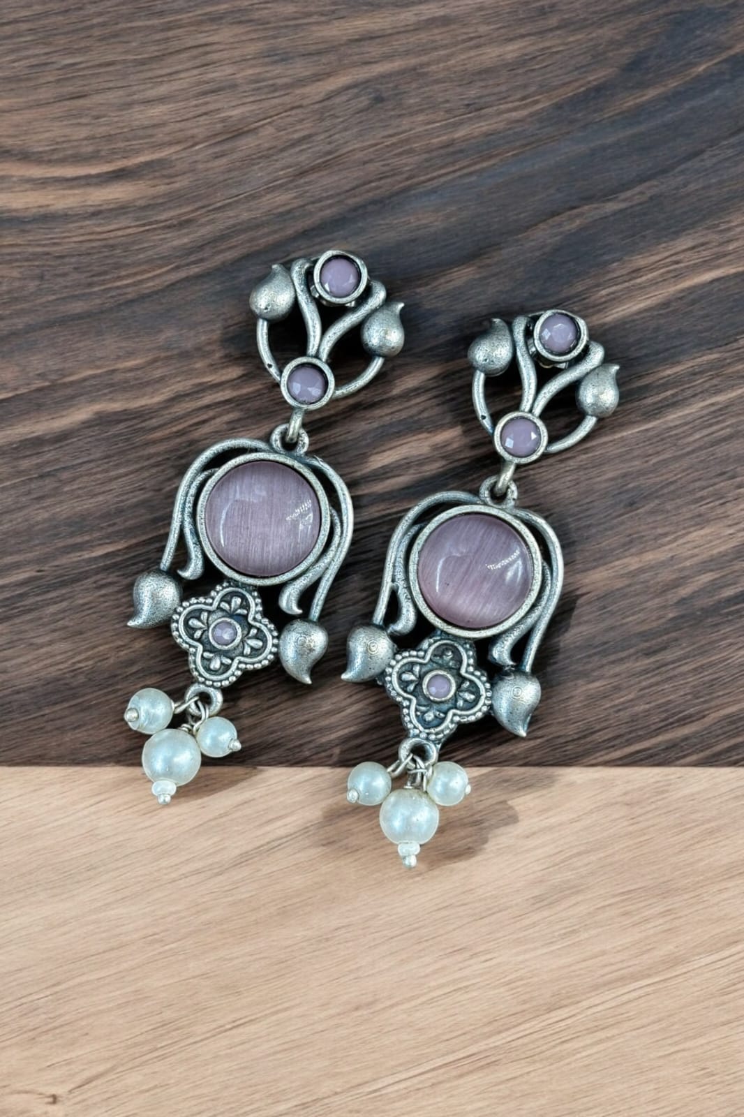 Maabetii Pink Light Weight Oxidized Silver Stud Earrings
