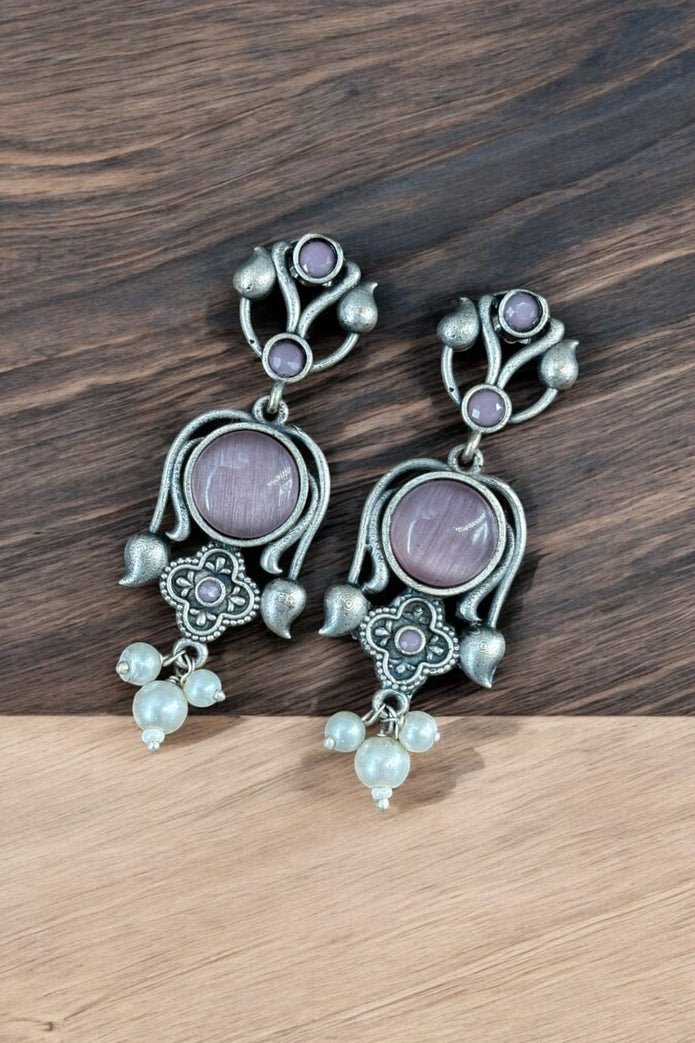 Maabetii Pink Light Weight Oxidized Silver Stud Earrings