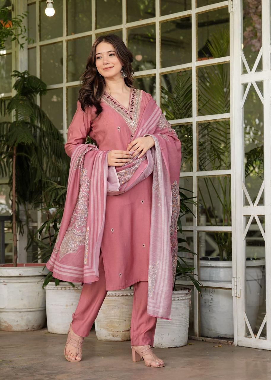 Maabetii Pink Modal Silk Sequence and Embroidery Work Suit Set