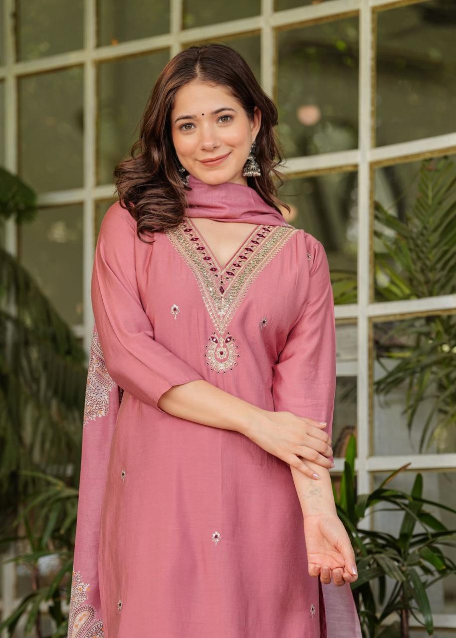 Maabetii Pink Modal Silk Sequence and Embroidery Work Suit Set