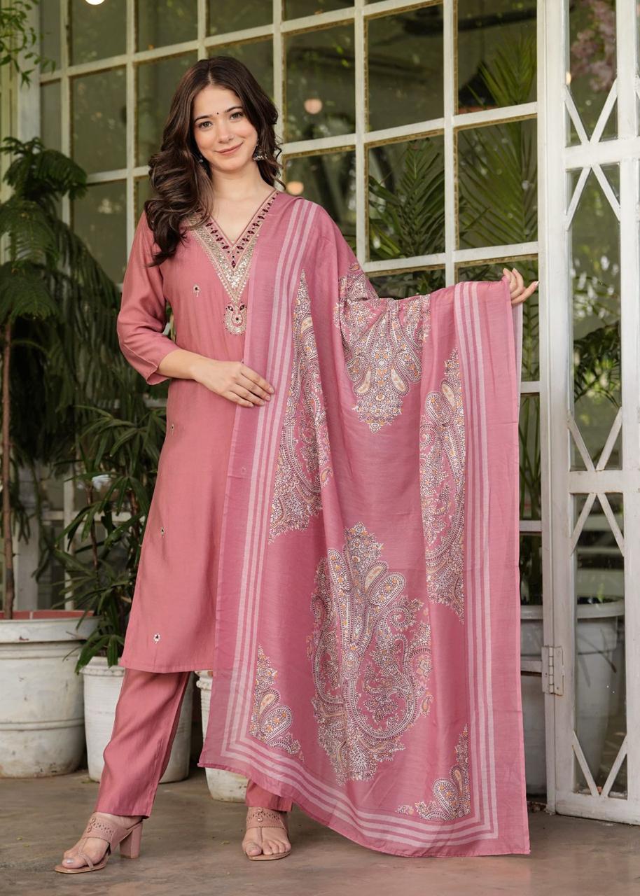 Maabetii Pink Modal Silk Sequence and Embroidery Work Suit Set