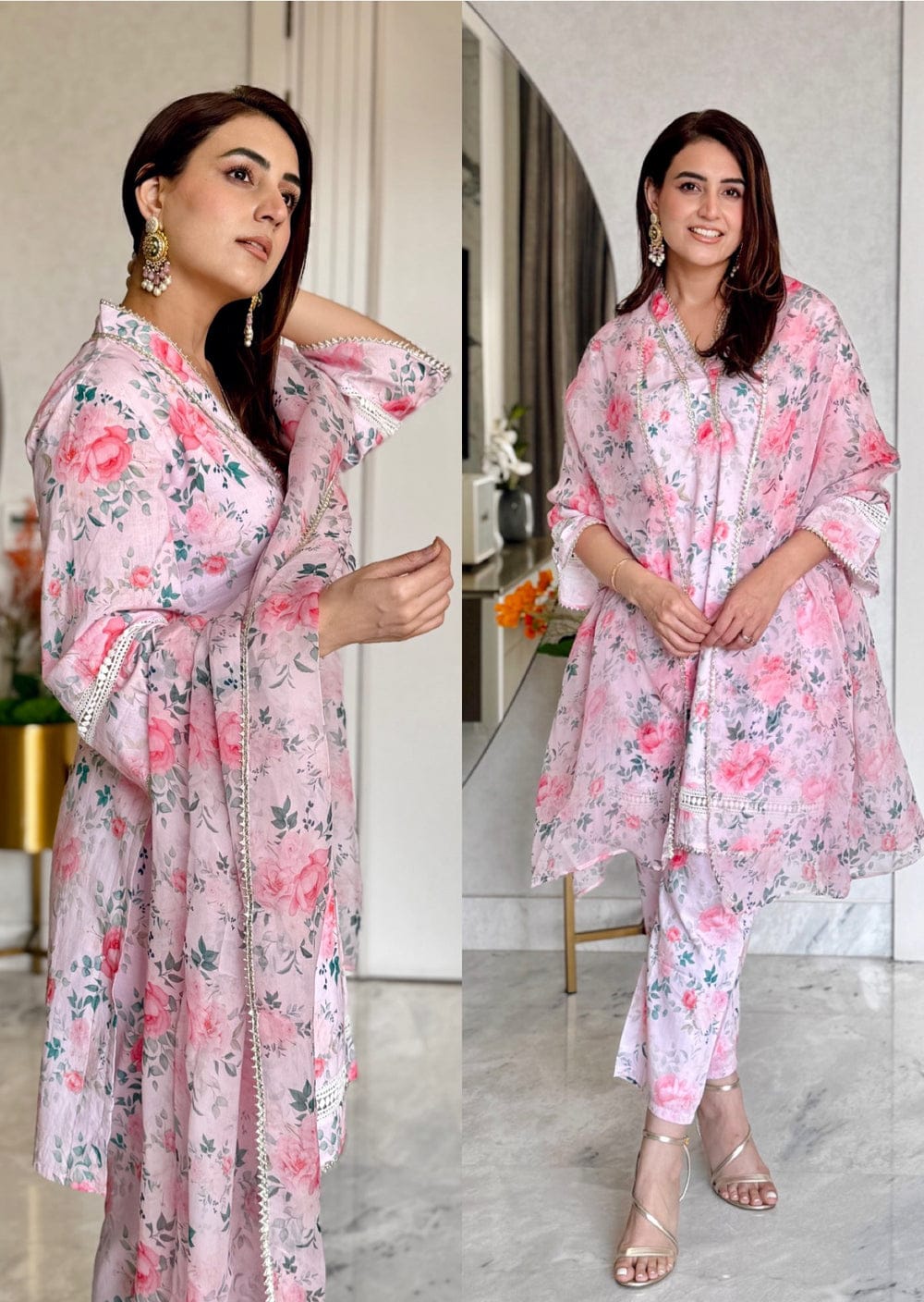 Maabetii Pink Muslin Floral Print Suit Set