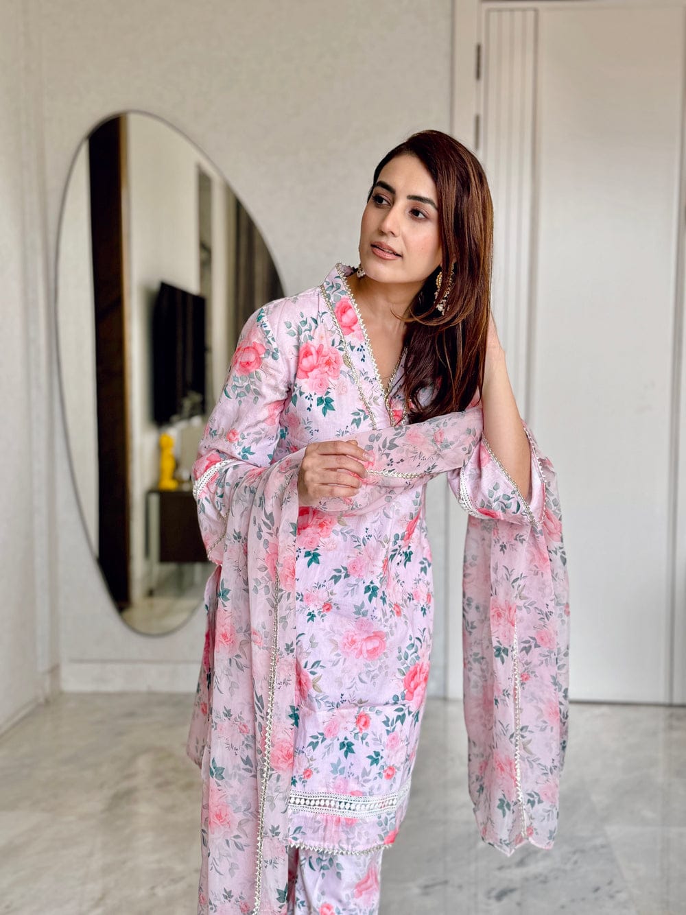 Maabetii Pink Muslin Floral Print Suit Set