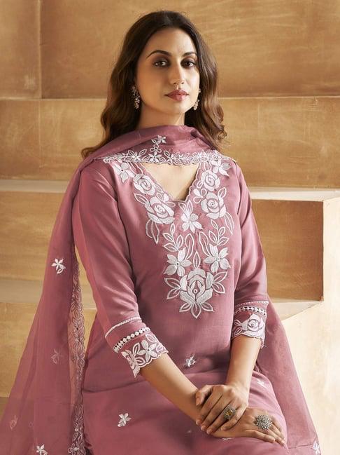 Maabetii Pink Hand worked Embroider Floral Organza Straight Suit Set