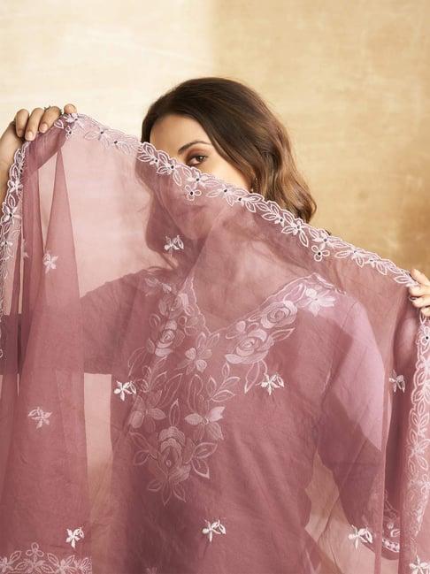 Maabetii Pink Hand worked Embroider Floral Organza Straight Suit Set