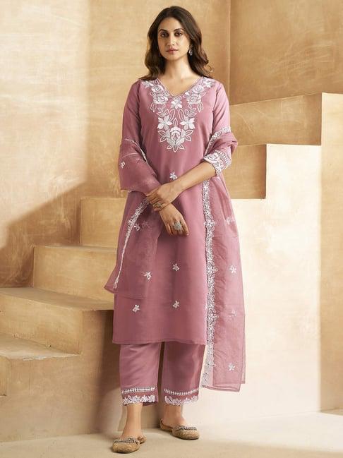 Maabetii Pink Hand worked Embroider Floral Organza Straight Suit Set