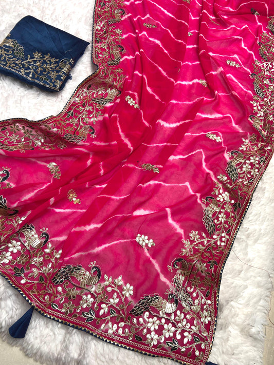 Maabetii Pink Pure Georgette Gota Patti Work Saree with Contrast Blouse