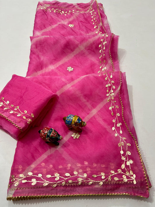 Maabetii Pink Pure Organza Gota Patti Hand Work Saree