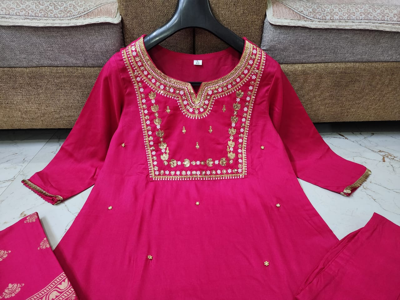 Maabetii Pink Rayon Adda Hand Work Suit Set- FESTIVE WEAR