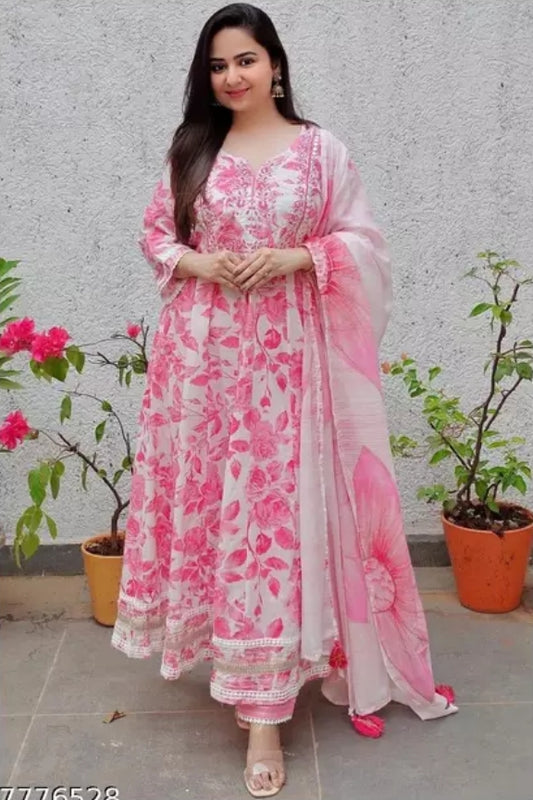 Maabetii Pink Rayon Embroidery Anarkali Suit Set