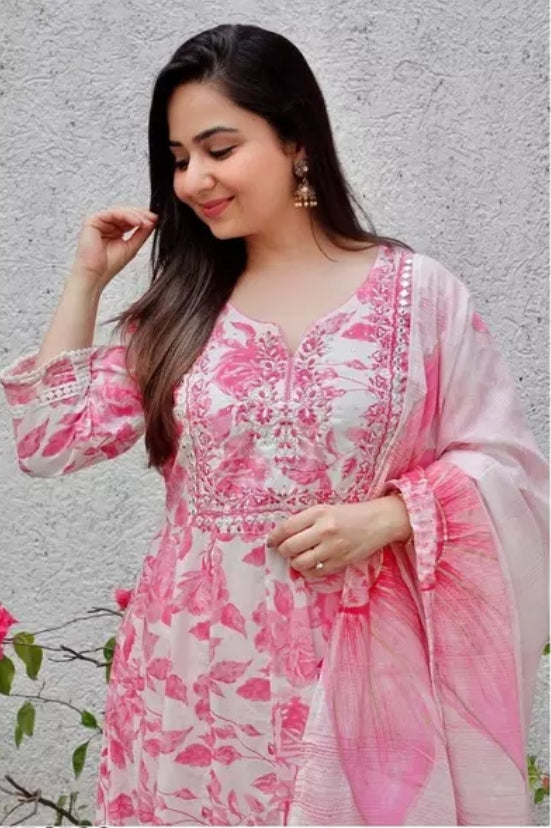 Maabetii Pink Rayon Embroidery Anarkali Suit Set