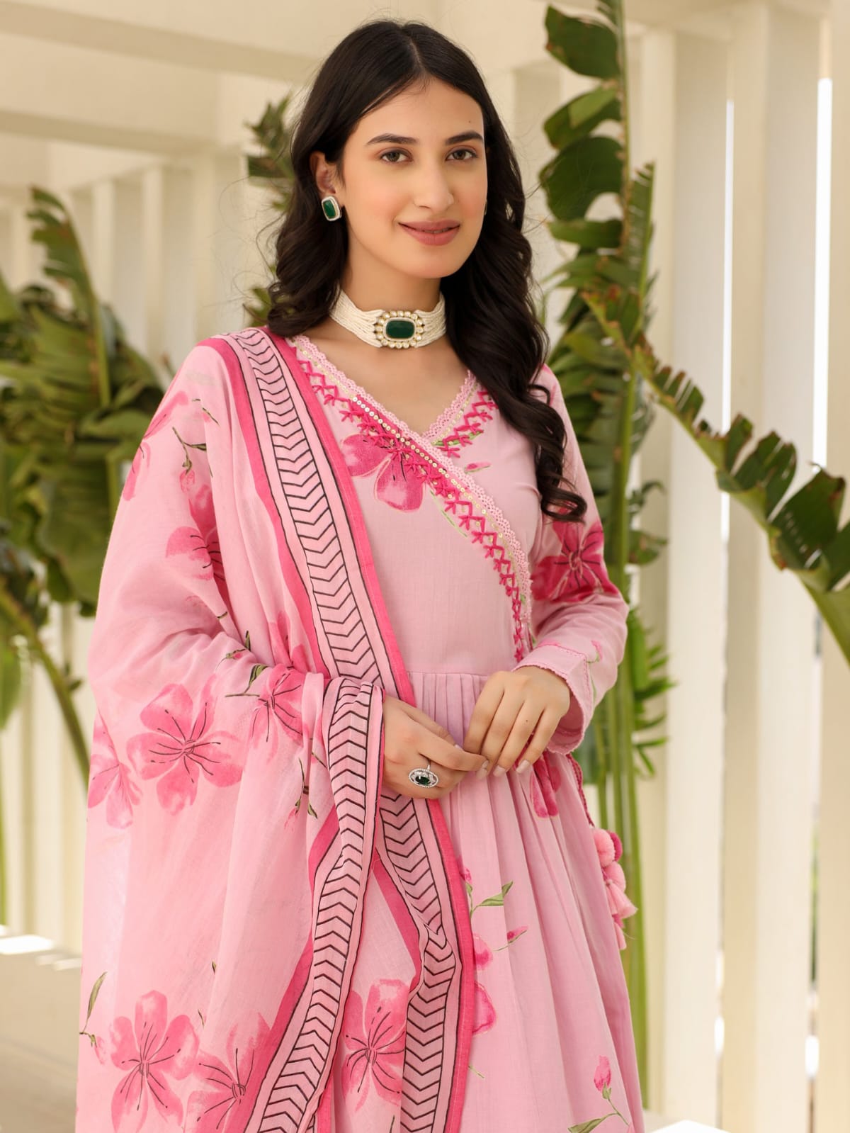 Maabetii Pink Rayon Embroidery Angrakha Anarkali Suit Set