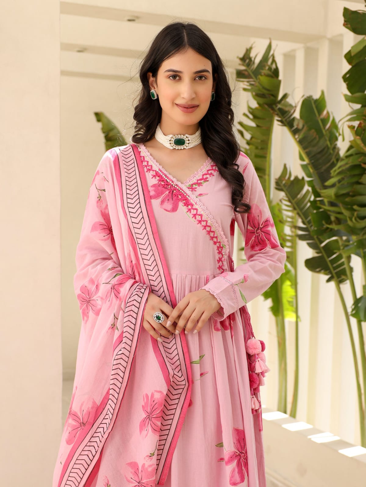 Maabetii Pink Rayon Embroidery Angrakha Anarkali Suit Set