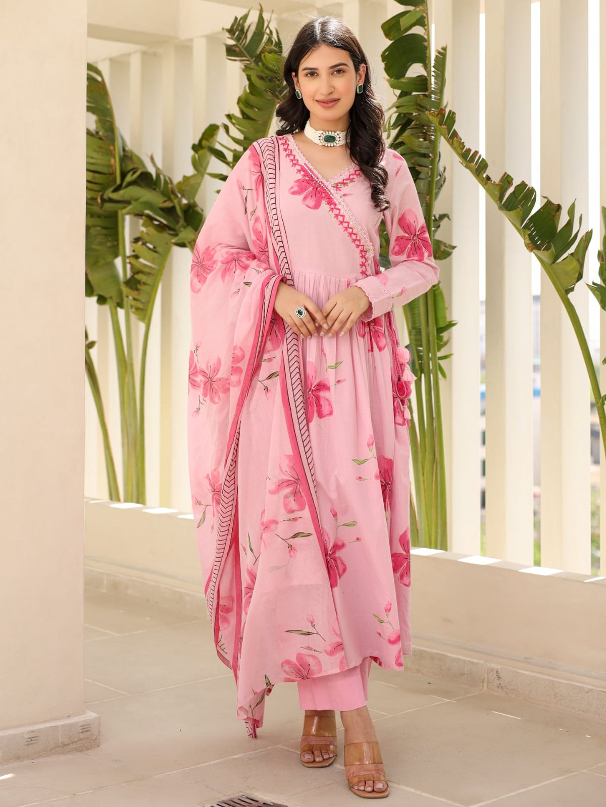 Maabetii Pink Rayon Embroidery Angrakha Anarkali Suit Set