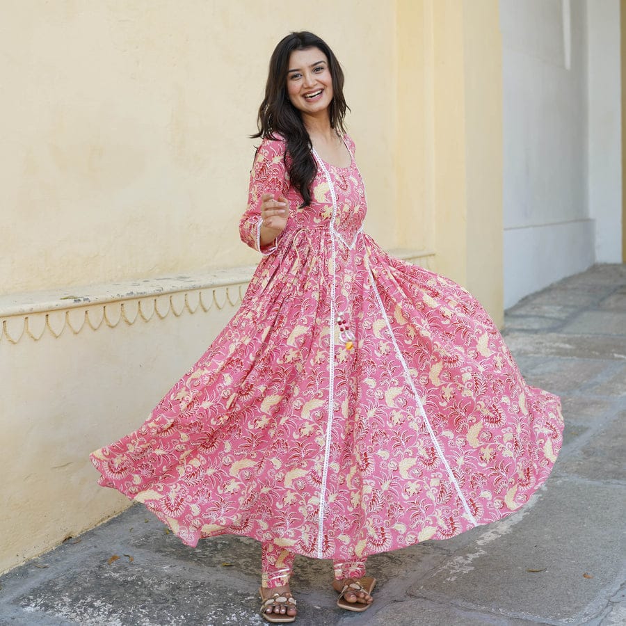 Maabetii Pink Rayon Gota Patti Handwork Anarkali Suit with Pants