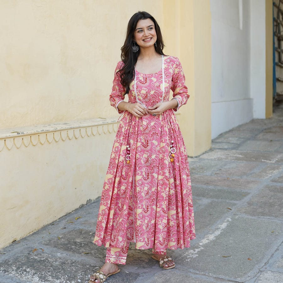 Maabetii Pink Rayon Gota Patti Handwork Anarkali Suit with Pants