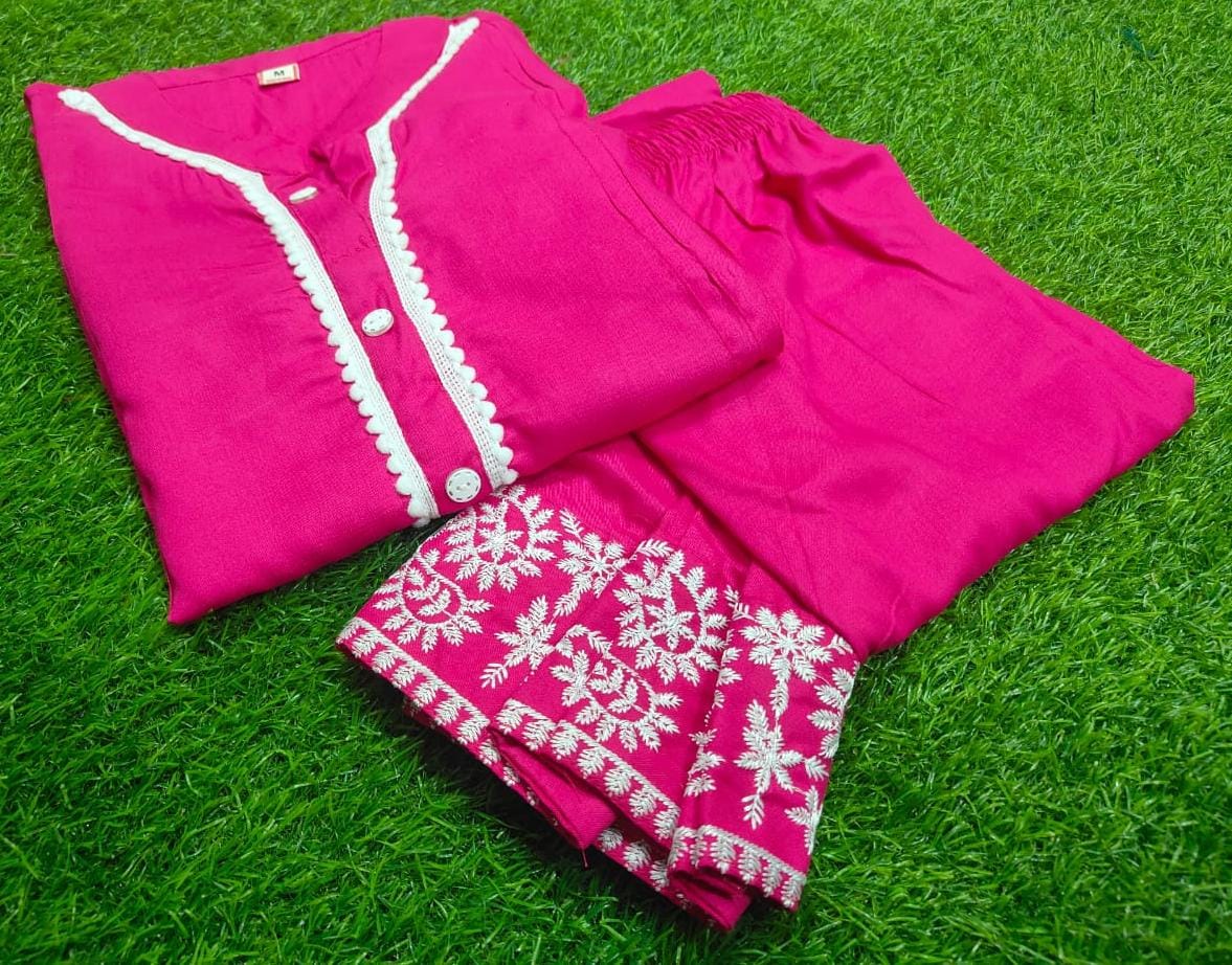 MaaBetii Royal Pink Pure Rayon Embroider Kurta Pant Co-ord Set