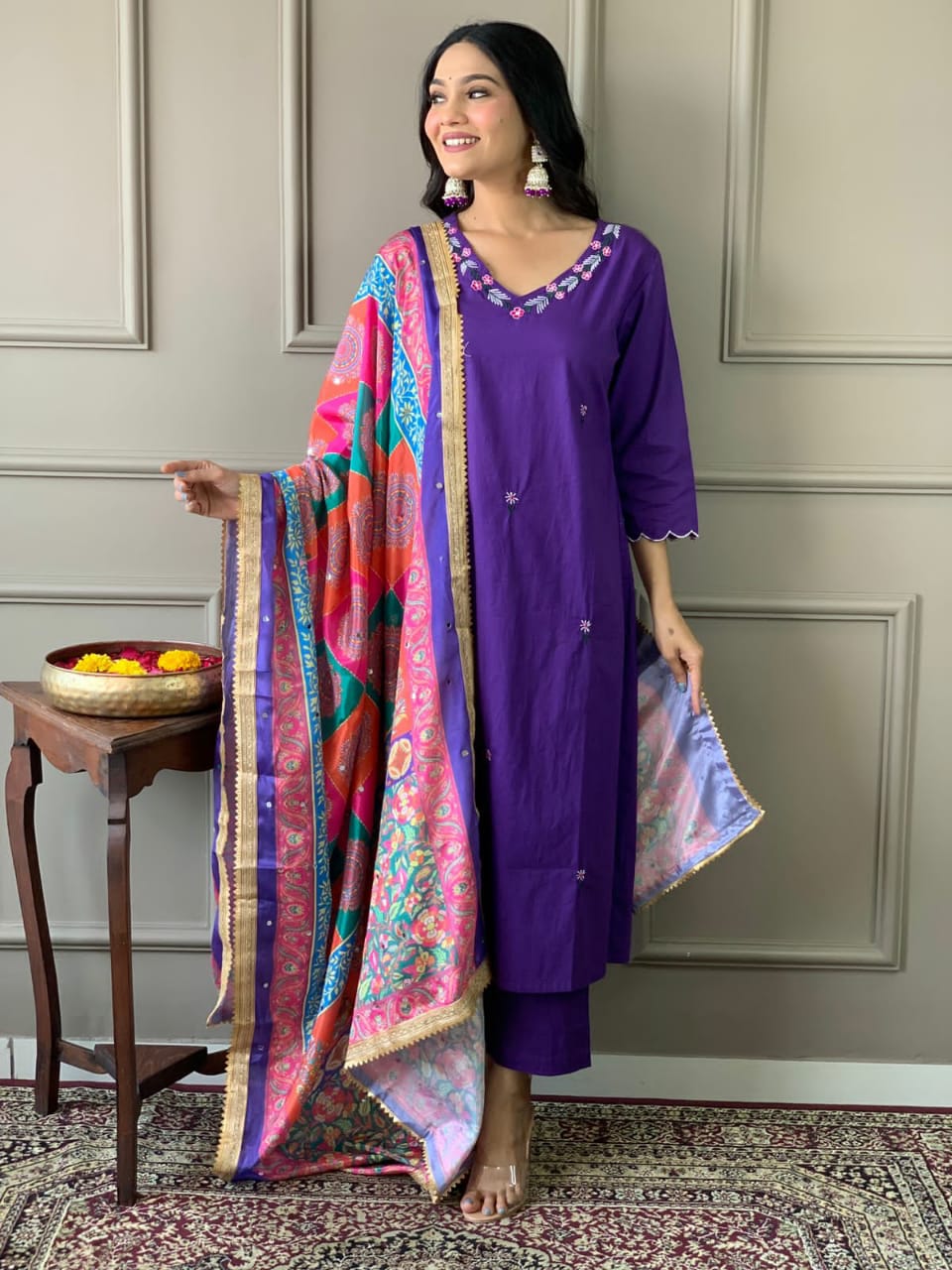 Maabetii Purple Cotton Embroidery Kurti with Heavy Duppatta and Pant