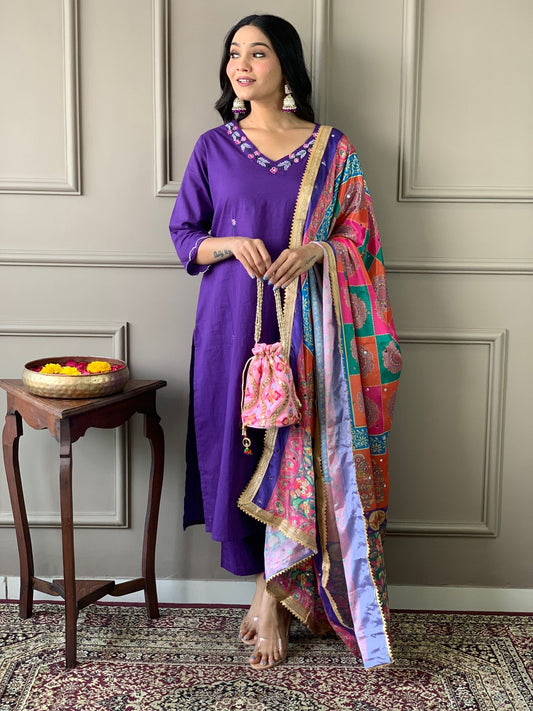 Maabetii Purple Cotton Embroidery Kurti with Heavy Duppatta and Pant