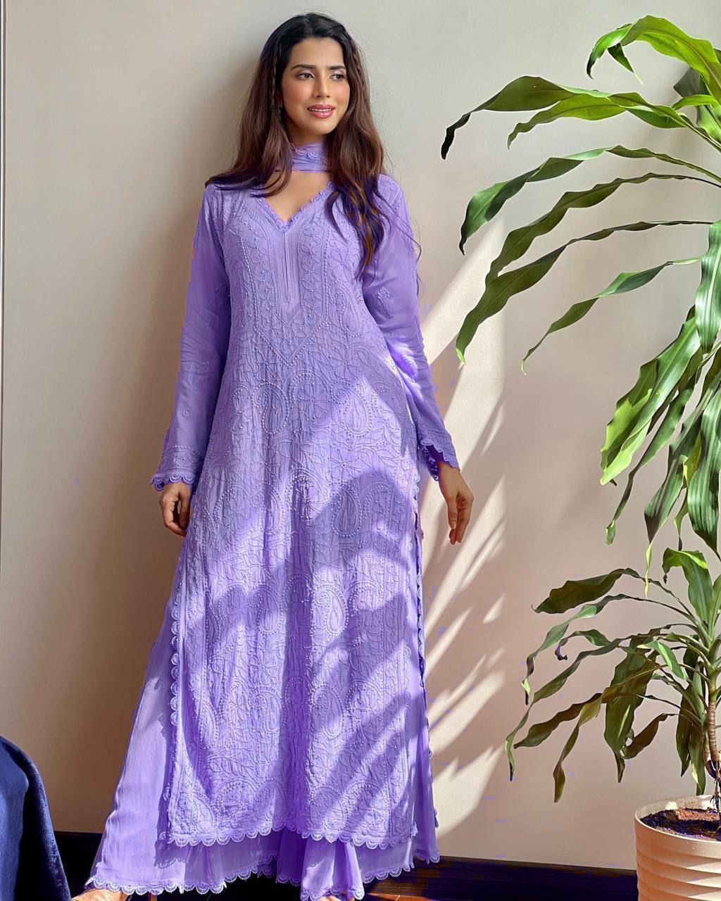 Maabetii Lavender Georgette Mirror and Lace Work Straight Suit Set