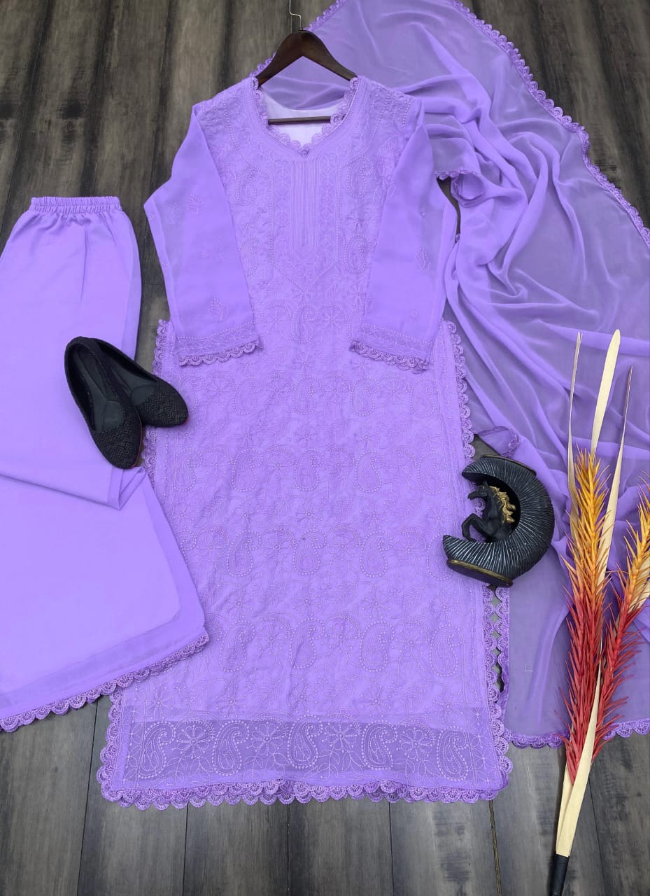 Maabetii Lavender Georgette Mirror and Lace Work Straight Suit Set