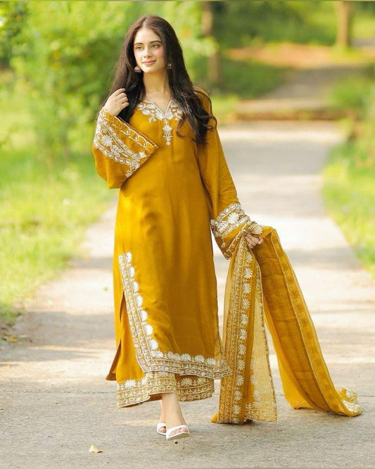 Maabetii Yellow Cotton Aari Tari Work Suit Set-FESTIVE WEAR