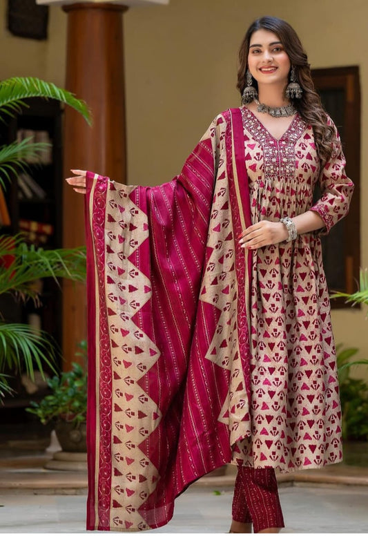 Maabetii Rani Pink Embroider Cotton Alia Style Naira Cut Suit Set