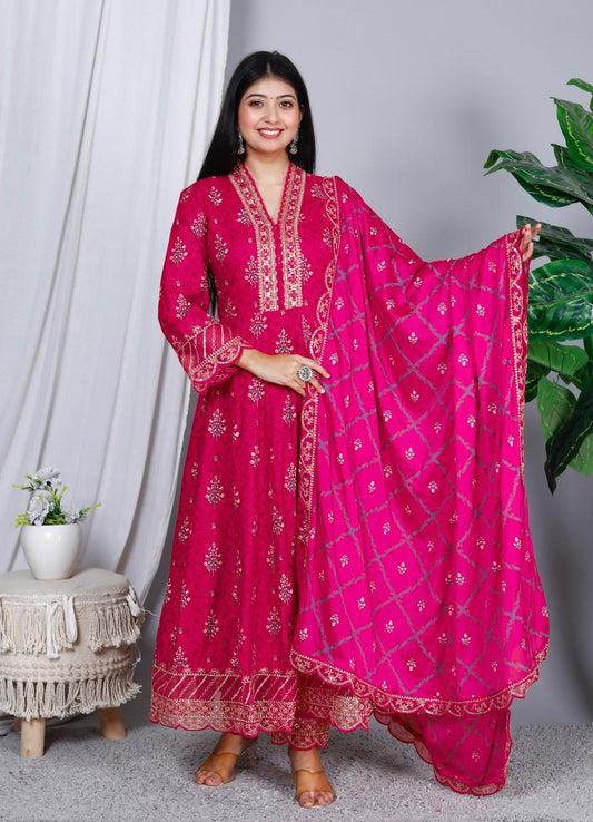 Maabetii Rani Pink Sequence Embroider Rayon Gown Anarkali Suit