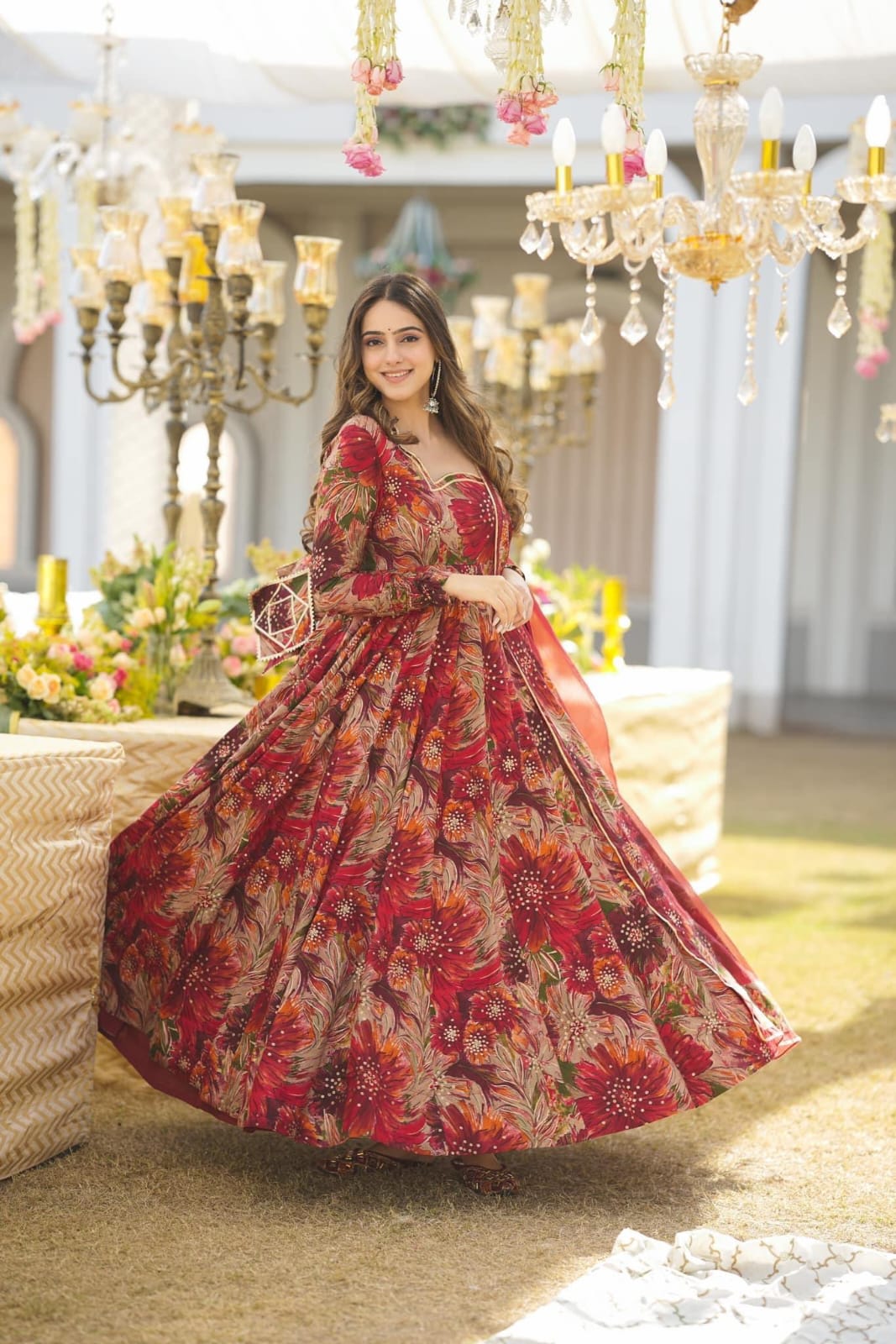 Maabetii Red Chinon Floral Print Anarkali Suit Set