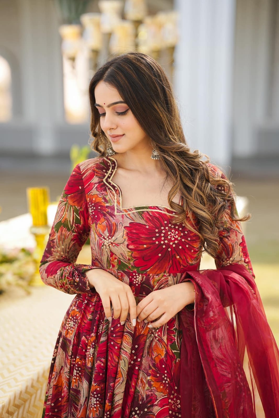 Maabetii Red Chinon Floral Print Anarkali Suit Set