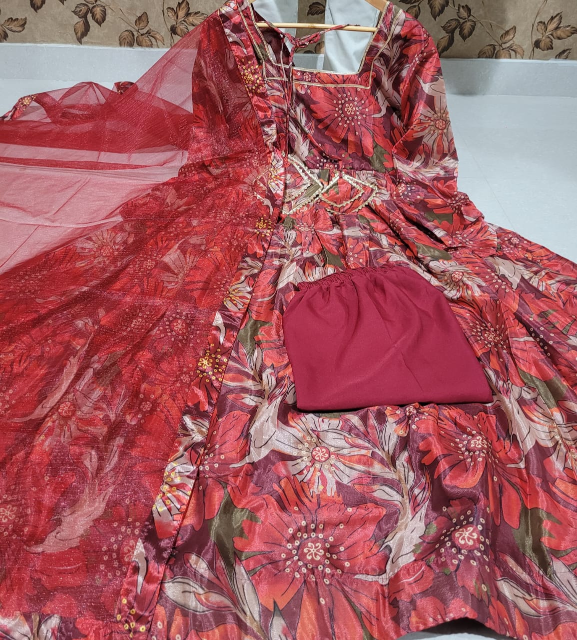 Maabetii Red Chinon Floral Print Anarkali Suit Set