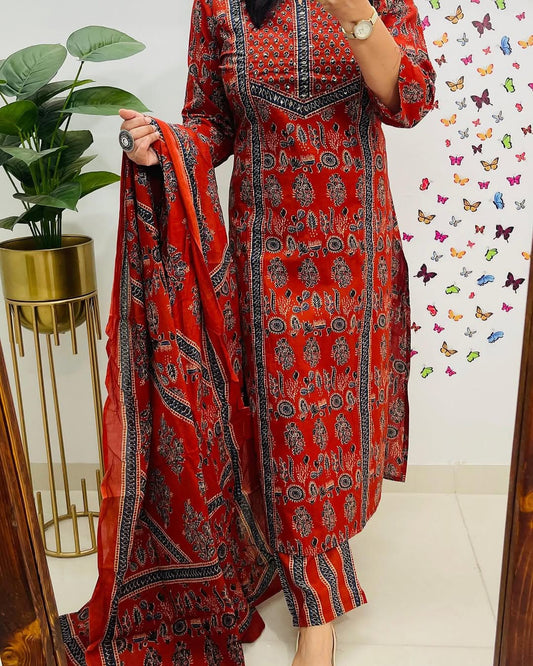 Maabetii Red Cotton Ajrakh Print  Straight Fit Suit Set