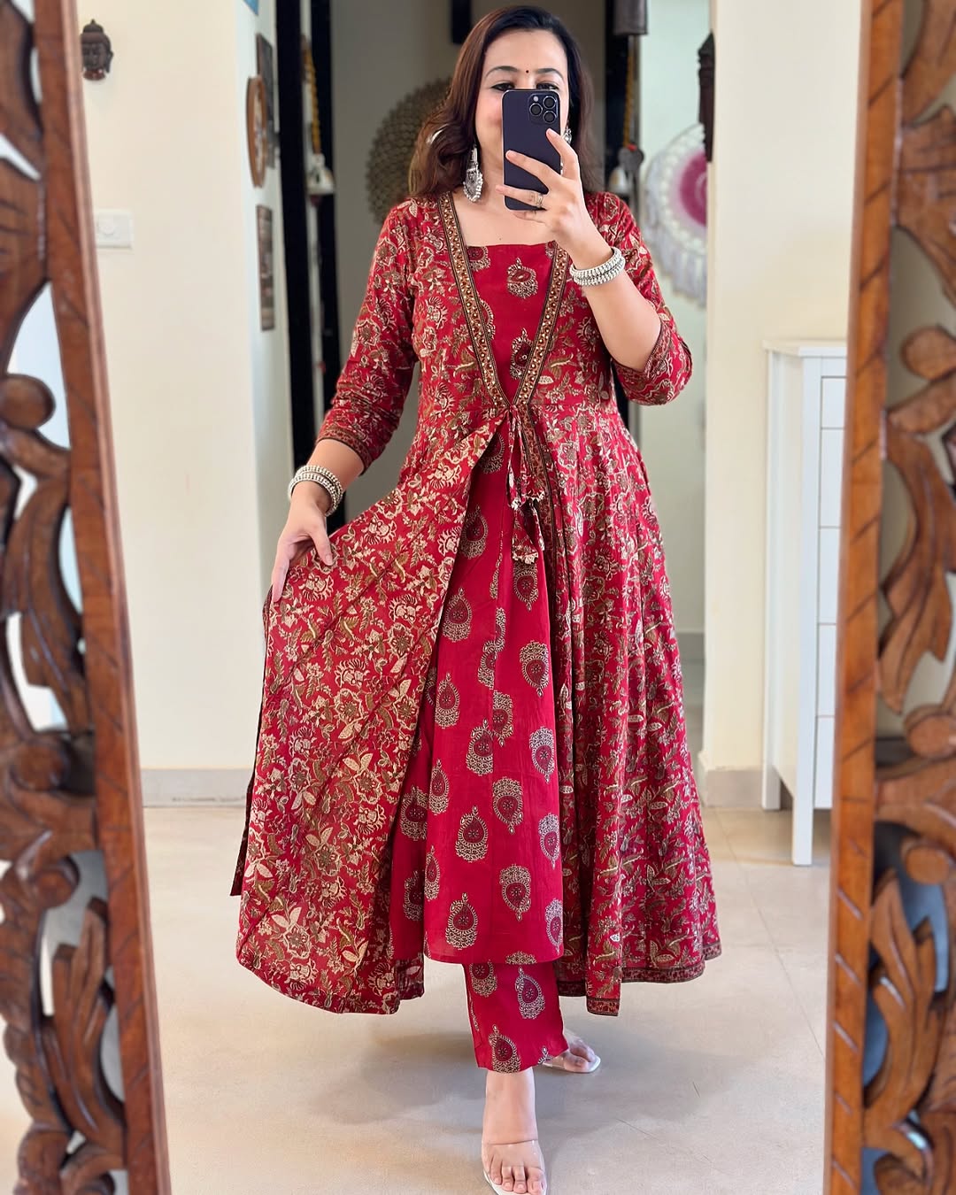 Maabetii Red Cotton Double Layer Flare Anarkali Suit Set