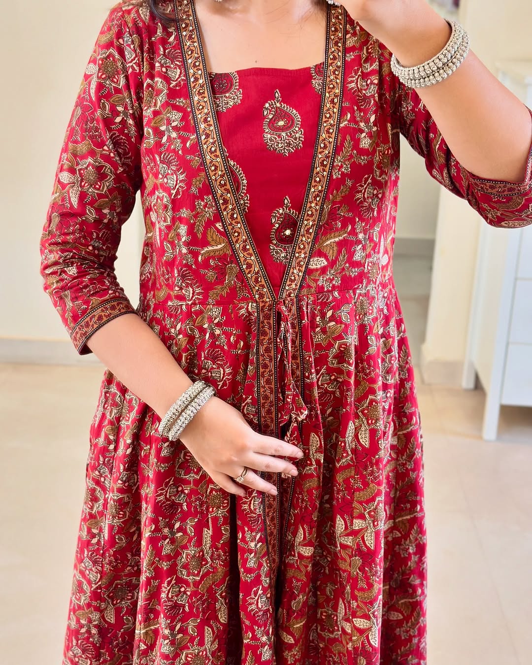 Maabetii Red Cotton Double Layer Flare Anarkali Suit Set