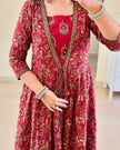 Maabetii Red Cotton Double Layer Flare Anarkali Suit Set