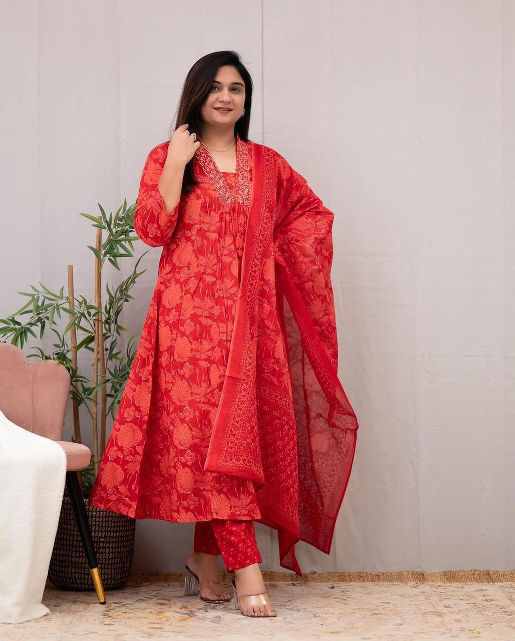 Maabetii Red Cotton Embroidery A-Line Suit Set