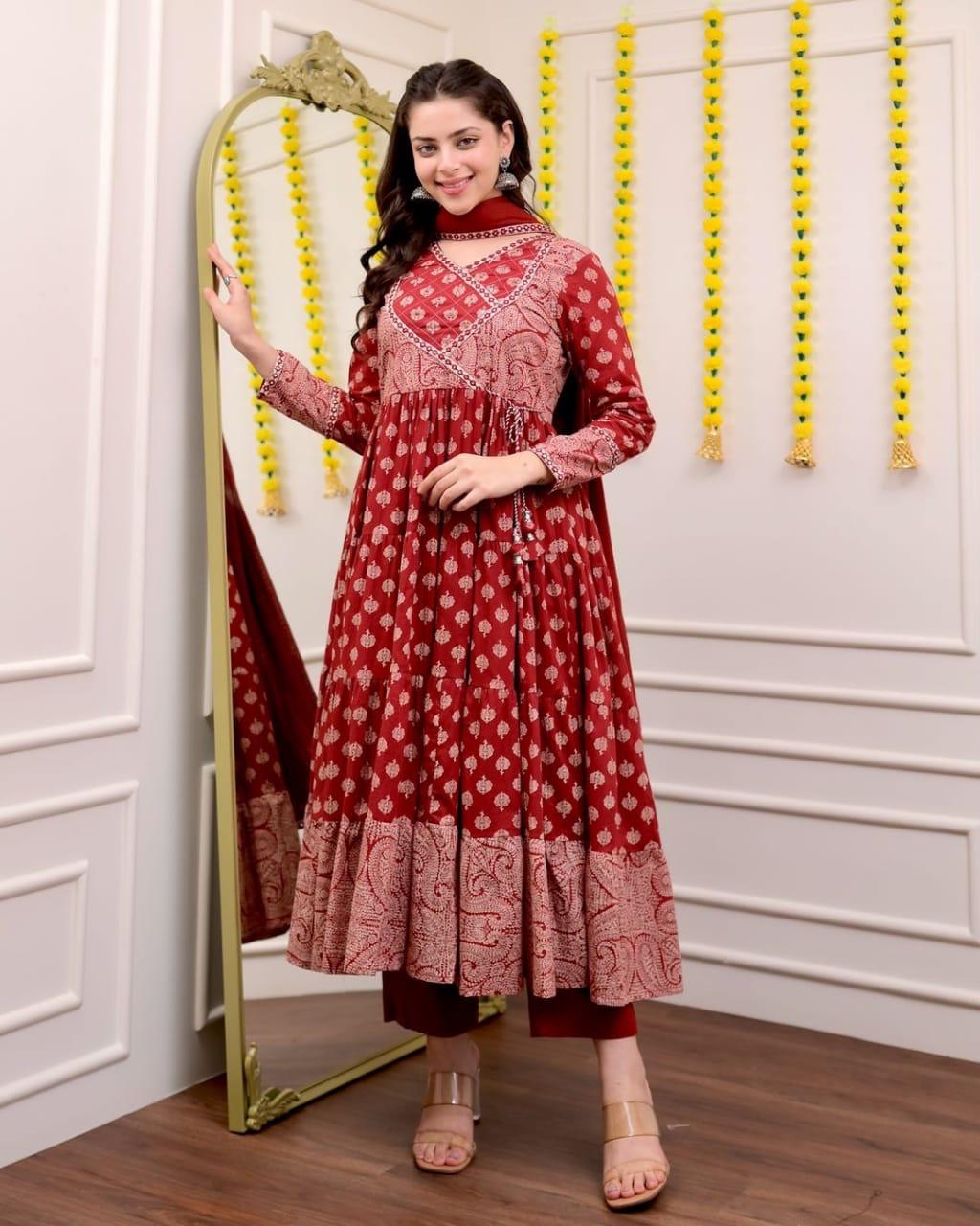 Maabetii Red Cotton Embroidery and Adda Work Anarkali Suit Set